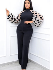 Women Black Jumpsuits Patchwork Sleeves Polka Dot See Through High Waist Slim Elegant Office Ladies One Piece Fashion Bodysuit  Pbong mid size graduation outfit romantic style teen swag clean girl ideas 90s latina aesthetic
