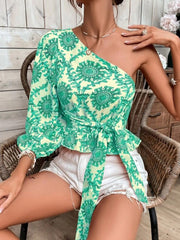 Women New Pattern Print One Shoulder Blosues Sexy Skew Collar Waist Lace-up T-Shirt Top Fashion Casual Office Long Sleeve Blusas