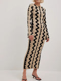 Spring Women Striped Knitted Maxi Dress Elegant O-neck Flare Long Sleeve Bodycon Dress Ladies Streetwear Party Dresses