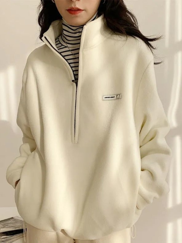 Korean Warm Fleece Hoodies Women Casual Kpop Fashion Plus Velevt Sweatshirt Top  Autumn Winter