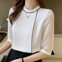 Summer Women Blouse O-Neck Blue Chiffon Blouse Shirt Tops Women Short Sleeve Blouse Women Blusas Mujer De Moda Blouses F97