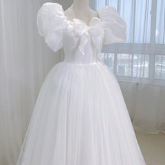 White Elegant Sweet Princess Dress Women Bow Puff Sleeve Korean Kawaii Midi Dress Female Autumn Casual Evening Party Dress