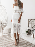 Women Sexy Solid Mesh Hollow Outfits Elegant Lace Strapless Tops+Slim Long Irregular Skirt Suits New Embroidery Ruffle Party Set