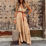 Female Sexy Ruffle V Neck Sleeveless Dress Summer Fashion Lace Waist Party Maxi Dress Elegant Casual Solid Chic Boho Beach Dress