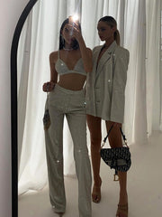 Glitter Silver Party Two Piece Pants Set Women Club Night Outfits Fashion Sparkly Blazer Matching Sets Femme Tracksuit