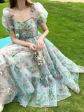 Vintage Floral Evening Midi Maxi Dresses for Women Elegant Casual Party Prom Green Holiday Princess Fairy Long Dress Summer