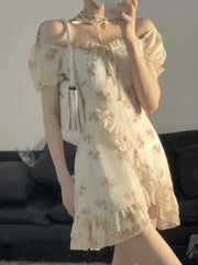 Floral Elegant Short Sleeve Dress Woman Casual Summer Sexy Party One Piece Dress Korean Fashion Beach Vintage Midi Dress