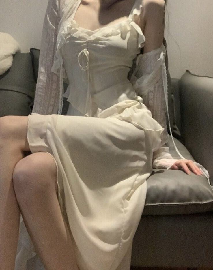 Fairy 2 Piece Dress Set Woman Casual Long Sleeve Crop Tops + Elegant Solid Strap Midi Dress Party Korea Fashion Suit Summer