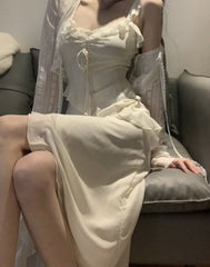 Fairy 2 Piece Dress Set Woman Casual Long Sleeve Crop Tops + Elegant Solid Strap Midi Dress Party Korea Fashion Suit Summer