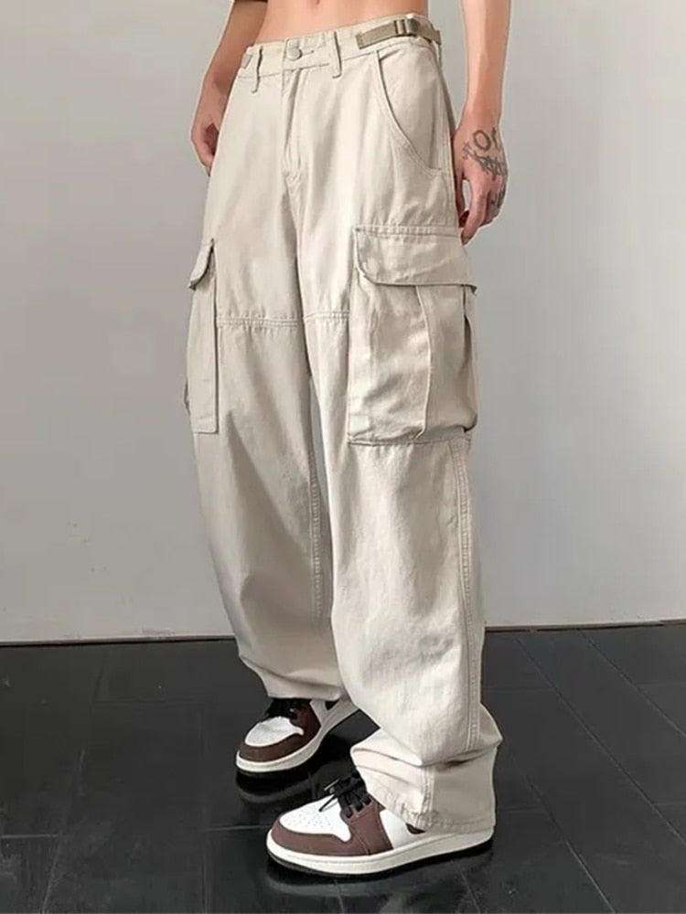 Harajuku Beige Cargo Pants Women Streetwear Hip Hop Pockets Black Oversized Wide Leg Trousers 90s Vintage Hippie Bottom