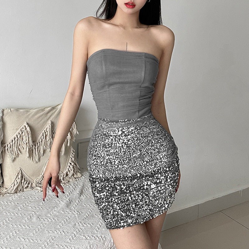 Artistic Patchwork Starry Embellishment Design Intellectual Mature Sexy Evening Party Queen Breast-Wrapped Mini Dress Woman