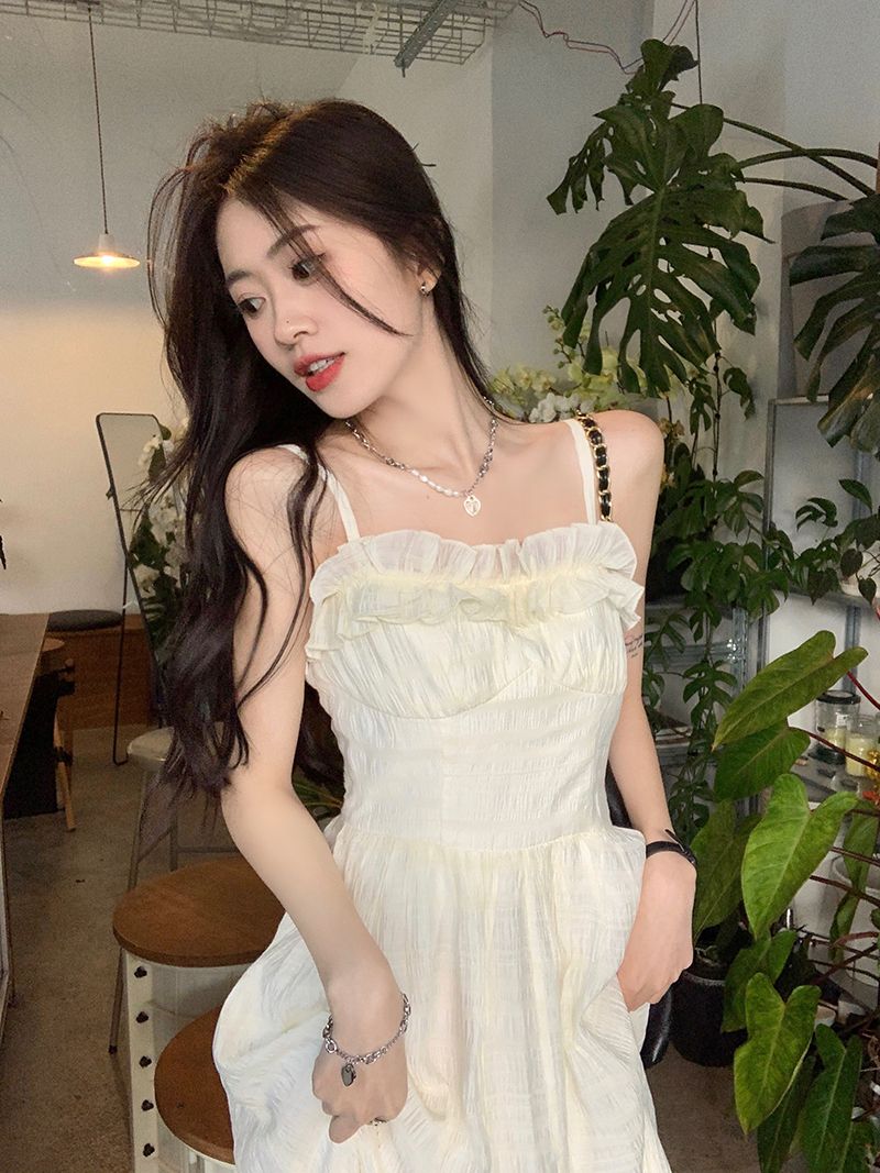Apricot Midi Dress Women Princess Chic Aesthetic Holiday Leisure Ruffles Vintage French Style Sleeveless Partywear Summer Young