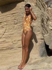Woman Sexy Orange Print Elastic Sleeveless Bodysuits Summer Female V Neck Floral Bodysuit Ladies Backless Beach Bodysuit