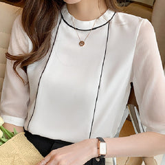 Summer Women Blouse O-Neck Blue Chiffon Blouse Shirt Tops Women Short Sleeve Blouse Women Blusas Mujer De Moda Blouses F97