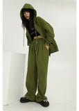 Women's Green Zipper Hoodie Long Sleeves Casual Baggy Wide Leg Long Pants Two Piece Set Vintage Sports Style Suit Ladies