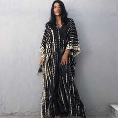 Bohemian Striped Print Women Beach Dress Bathing Suit Cover Up Summer Tunic For Woman Beachwear Robe de plage Kaftan Pbong  mid size graduation outfit romantic style teen swag clean girl ideas 90s latina aesthetic