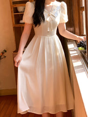 French Elegant Short Sleeve Dress Woman Casual Slim One Piece Dress Korean Fashion Summer Party Casual Vintage Midi Dress