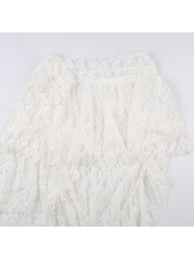 Casual Solid Lace Asymmetrical Skirt Basic Slim Mid-Waisted Mini Skirts Women Summer Fashion Streetwear Ladies