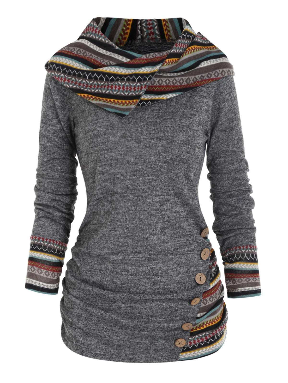 Tribal Geometric Stripe Panel Hooded Knit Top Long Sleeve Mock Button Knitted Women Casual Ethnic Top With Hood