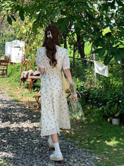 Harajuku Cute Sweet Girls Short Sleeve V-Neck A Line Vintage Korea Japanese Style Floral Long Maxi Dress for Women Summer