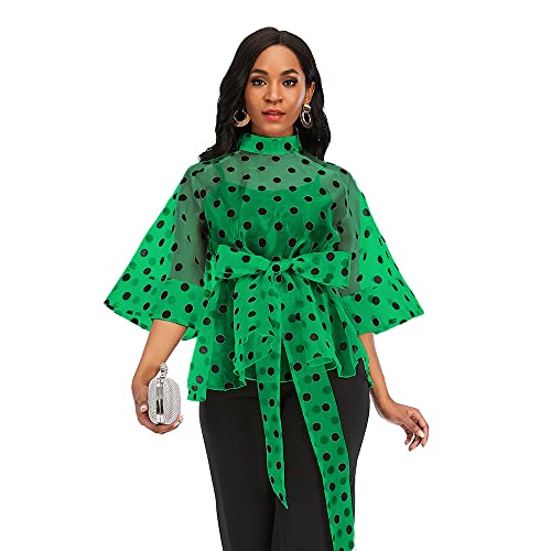 Women White Blouses Polka Dot Peplum See Through Sexy Thin Transparent Half Flare Sleeves Waist Belt Tops Shirt Fashion Bluas Pbong mid size graduation outfit romantic style teen swag clean girl ideas 90s latina aesthetic