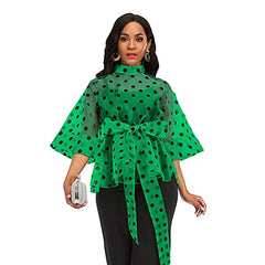 Women White Blouses Polka Dot Peplum See Through Sexy Thin Transparent Half Flare Sleeves Waist Belt Tops Shirt Fashion Bluas Pbong mid size graduation outfit romantic style teen swag clean girl ideas 90s latina aesthetic