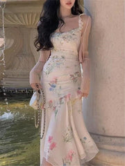 Floral Print Irregular Ruffles Dress For Women Summer Sexy Straps Elegant Party Evening Vintage Vestido Female Bodycon Robe