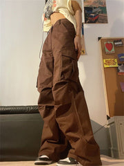 Y2K Vintage Brown Cargo Pants Women 90s Streetwear Retro White Parachute Trousers Oversized Harajuku Egirl Wide Pantalon