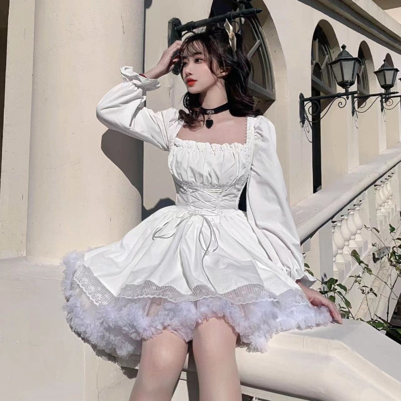 White Lolita Dress Kawaii Vinatge Long Sleeve Mini Dresses Black Gothic Bandage Lace Patchwork Streetwear Square Collar