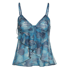 Mesh See Through Printed Vest Women Sexy Casual V-neck Sleeveless Suspender Camisole Patchwork Tank Top Streetwear
