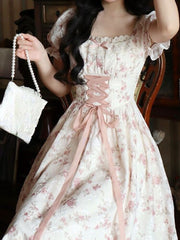 Summer Lace Korean Fairy Dress Women Square Collar Princess Kawaii Floral Midi Dress Female Bandage Sweet Dresses Fashion