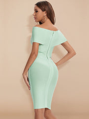 Summer Women Sexy Off Shoulder V Neck Bandage Dress Green Bodycon Sheath Elegant Knee Length Party Club XL Vestido Pbong mid size graduation outfit romantic style teen swag clean girl ideas 90s latina aesthetic