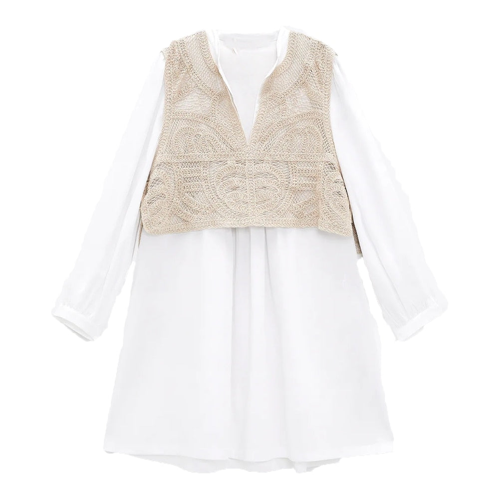 spring and summer sweet temperament all-match fake two-piece hollow knitted vest stitching shirt-style loose casual dress