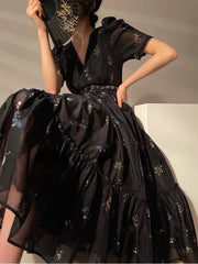 Vintage Black Floral Midi Dress Women Short Sleeve French Elegant Dress Beach Summer Casual Korean Evening Party Dress