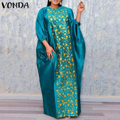 Pbong Bohemian Bat Sleeve Printed Maxi Dress Summer Women Pleated Party Sundress Casual O Neck Oversized Satin Long Dress