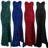 Sexy Split Sleeveless Stretch Sparkle Sequin Floor Length Party Dress Strapless Padded Bodycon Mermaid Maxi Dress Black