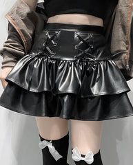 Gothic Bandage Pu Pleated Skirt Darl Black Leather High Waisted Mini Skirts Women Fashion Preppy Style Streetwear