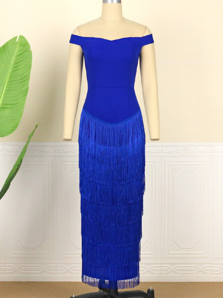Pbong mid size graduation outfit romantic style teen swag clean girl ideas 90s latina aestheticWomen Dresses Blue Tassels Fringe Sexy Party Off Shoulder Sleevless Elegant Bodycon Long Cocktail Birthday Outfits Celebrate New