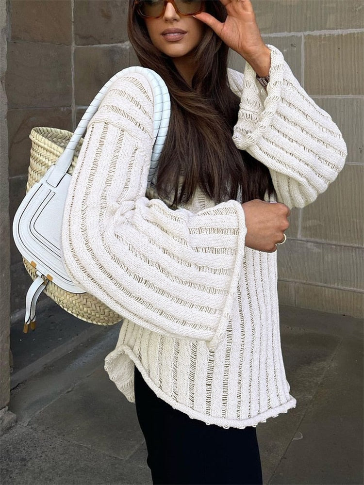 V-Neck Oversized Women's Sweater Long Sleeve Hollow Out Striped Knit Tops Winter Trend Casual Loose Pullover Sweaters