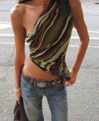 Irregular Print Tanks Tops Women Unique Incline Shoulder Sleeveless Body-shaping Hipster vest Female Streetwear