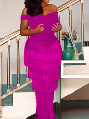 Pbong mid size graduation outfit romantic style teen swag clean girl ideas 90s latina aestheticWomen Dresses Blue Tassels Fringe Sexy Party Off Shoulder Sleevless Elegant Bodycon Long Cocktail Birthday Outfits Celebrate New