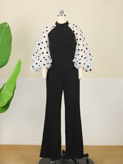 Women Black Jumpsuits Patchwork Sleeves Polka Dot See Through High Waist Slim Elegant Office Ladies One Piece Fashion Bodysuit  Pbong mid size graduation outfit romantic style teen swag clean girl ideas 90s latina aesthetic