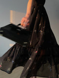 Vintage Black Floral Midi Dress Women Short Sleeve French Elegant Dress Beach Summer Casual Korean Evening Party Dress