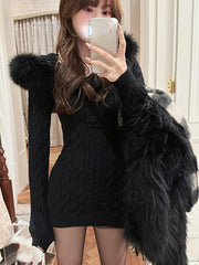 Winter Elegant Bodycon Y2k Mini Dress Woman Hooded Pure Color Short Party Dress Casual Long Sleeve Knitted Dress Korea Chic