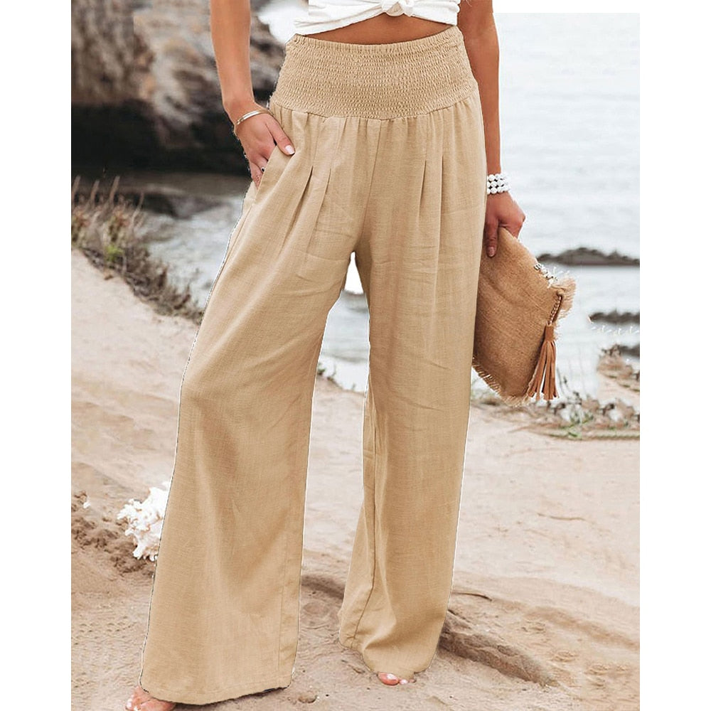 Ninimour Women One Piece Pants Solid Color Gathered Waist Pocket Design Wide Leg Long Pants Office Lady Workwear Lounge Trousers