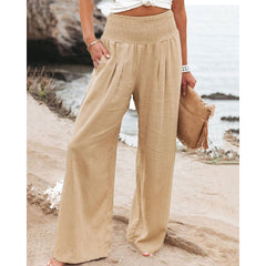 Ninimour Women One Piece Pants Solid Color Gathered Waist Pocket Design Wide Leg Long Pants Office Lady Workwear Lounge Trousers