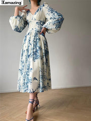 Summer Women New French Vintage Floral Print Party Midi Dresses Elegant V-Neck Lantern Sleeve Prom Clothes Vestidos  Robe