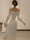 Summer New Style Retro Sweet one-shoulder Square Neck Puff Sleeve Trumpet Dress Women Sexy Folds White Vintage Wedding Dresses