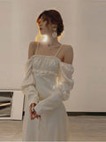 Summer New Style Retro Sweet one-shoulder Square Neck Puff Sleeve Trumpet Dress Women Sexy Folds White Vintage Wedding Dresses