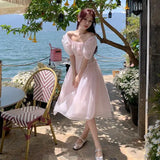 Summer Pink Chiffon Lantern Sleeve Short Sleeve Fairy Dress Women Holiday Sweet Pleated Sundress Midi Backless Bandage Dress New